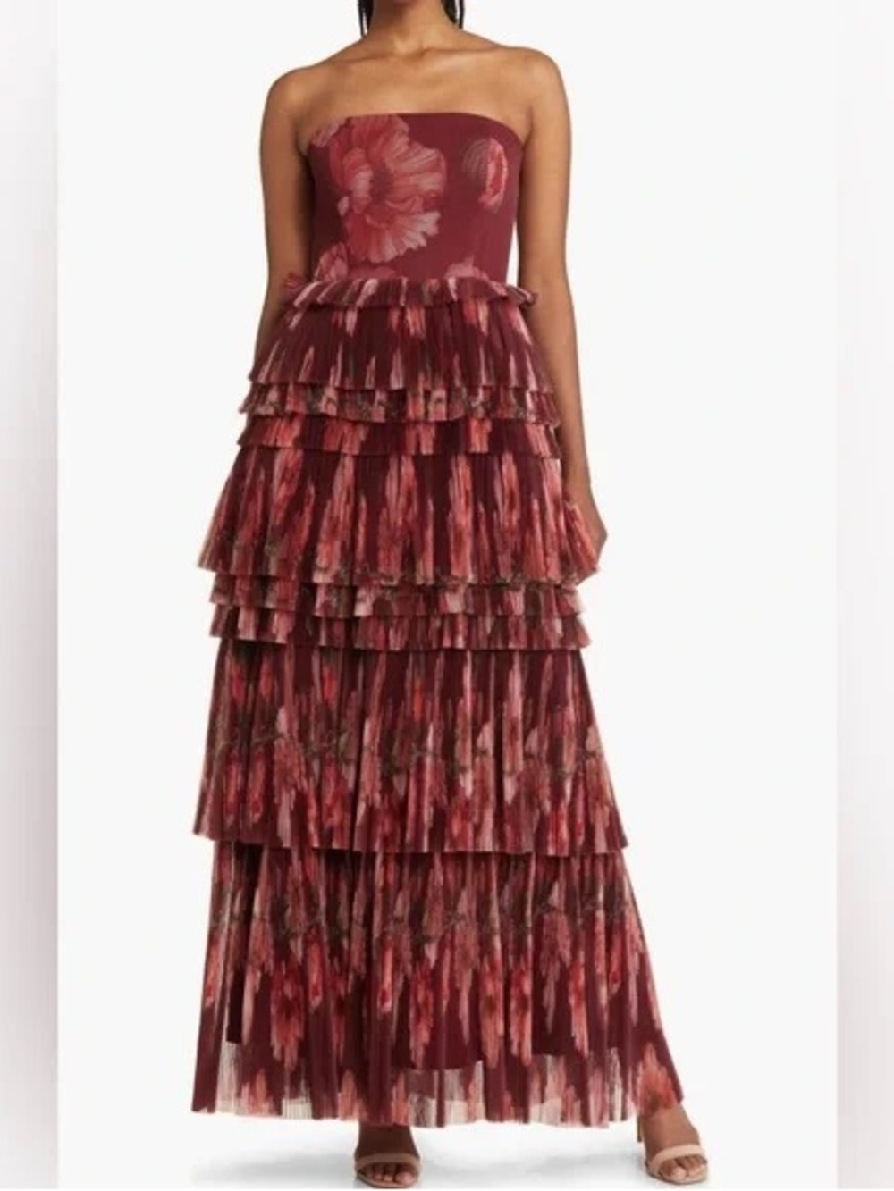 Hutch Burgundy Floral Strapless Tiered Maxi Dress Size 4